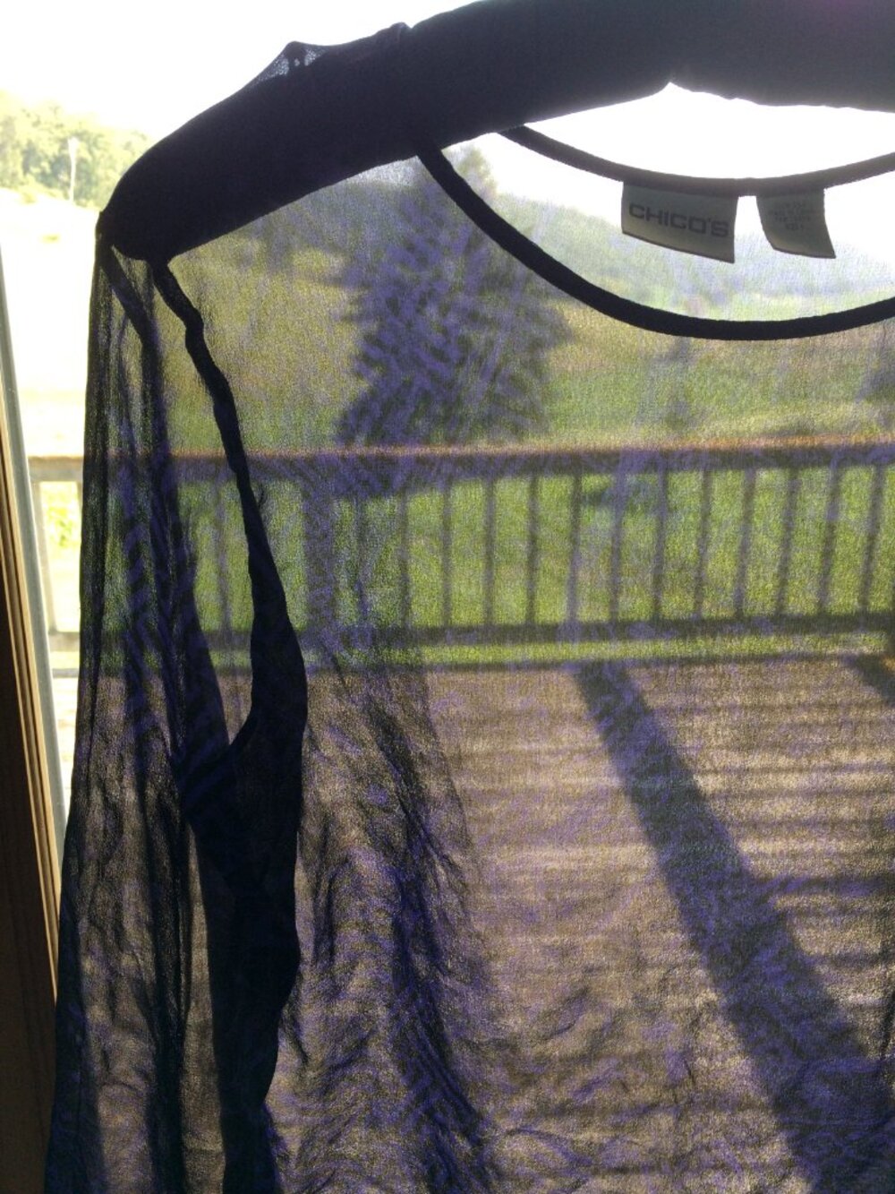 Chico’s Black and Purple Long Sleeve Sheer Silk Asymmetrical Top - Picture 6 of 16